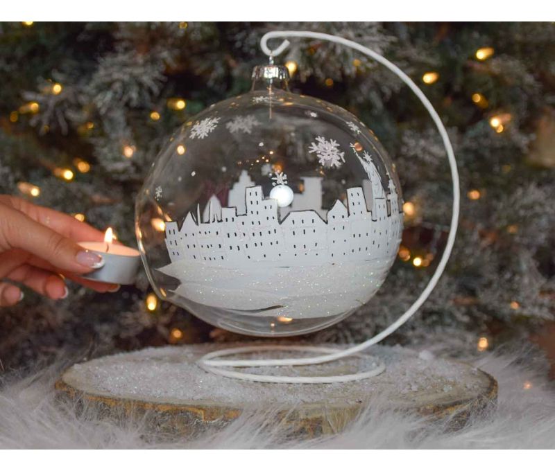 Photophore de Noël New York verre soufflé avec support D 15cm
