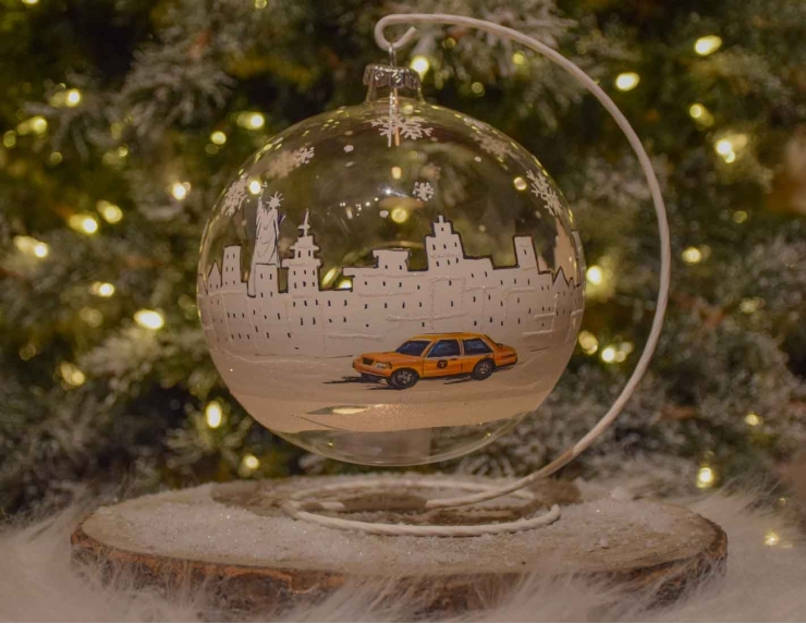 Photophore de Noël New York verre soufflé avec support D 15cm