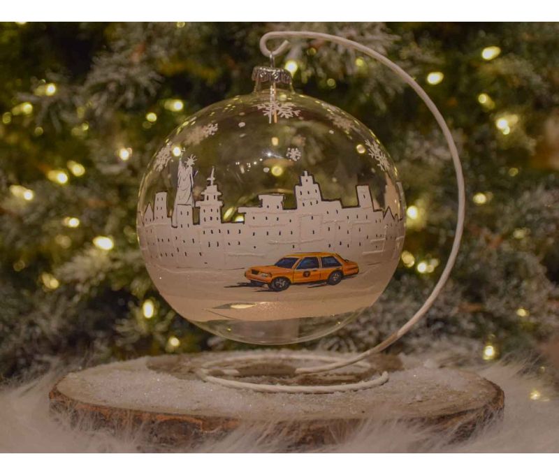 Photophore de Noël New York verre soufflé avec support D 15cm