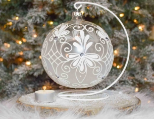 Boule de Noël en verre pour bougie décor baroque blanc avec support - ø 15cm