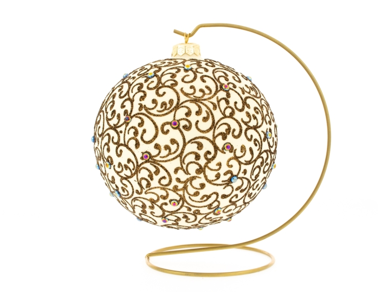 Boule de Noël crème avec support motifs arabesques dorées diamètre 15cm
