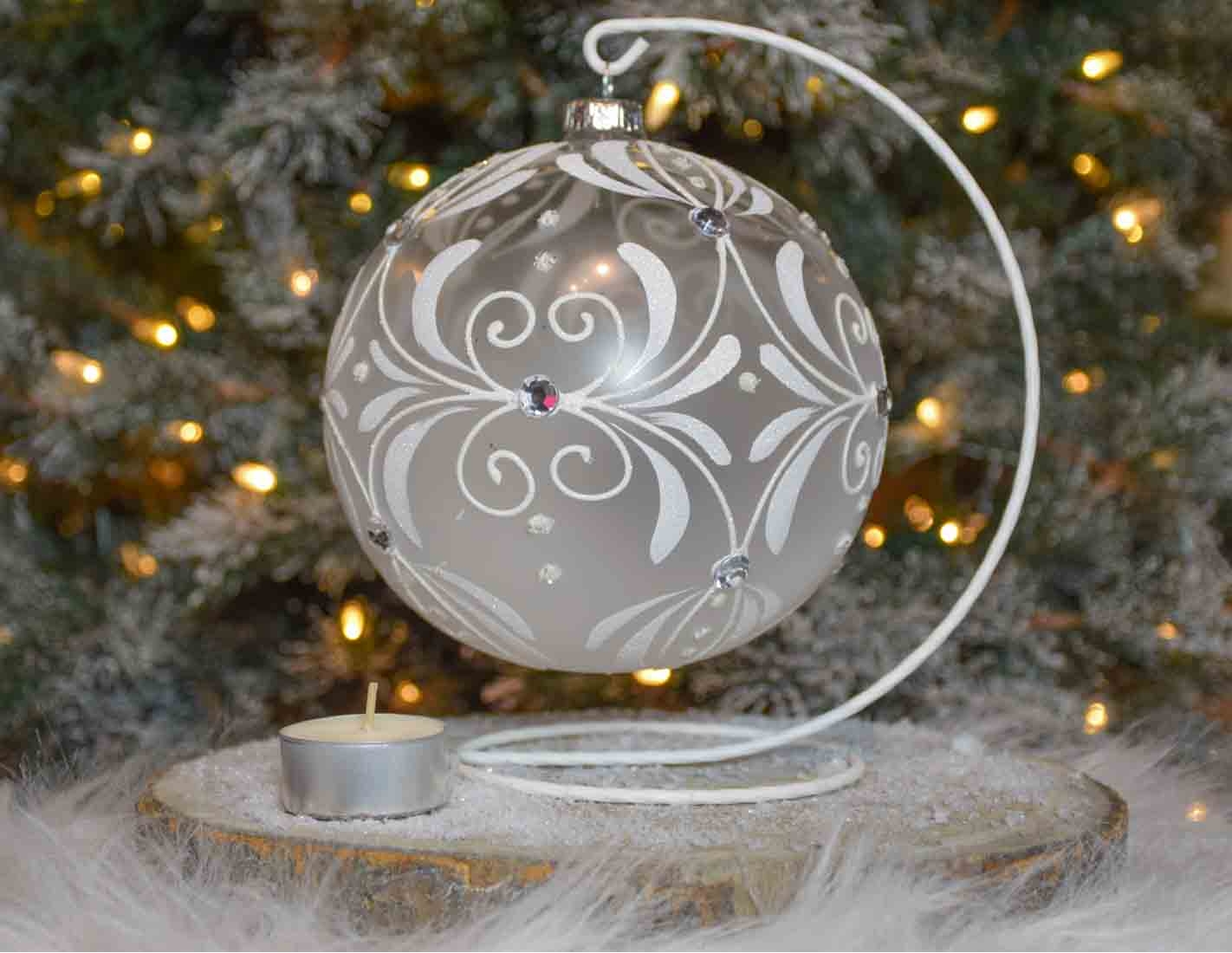 Boule de Noël géante pour bougie décor raffiné blanc avec support D15cm