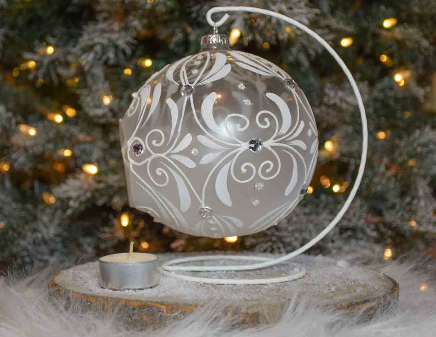 Boule de Noël géante pour bougie décor raffiné blanc avec support D15cm