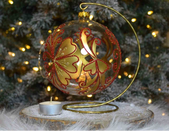 boule de Noël photophore de Noël pour bougie, dessins dorés et rouges paillettes. Diamètre 15cm.
