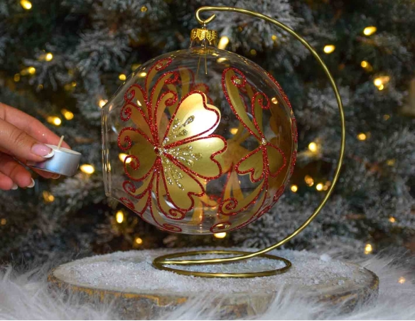 boule de Noël photophore de Noël pour bougie, dessins dorés et rouges paillettes. Diamètre 15cm.