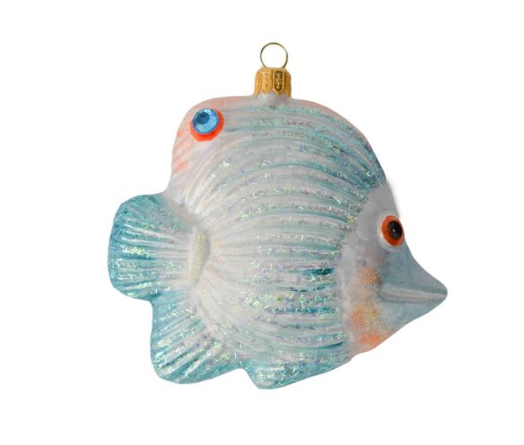 Suspension Noël verre soufflé poisson papillon blanc bleu turquoise rayures irisées œil orange rouge capuchon doré H10cm