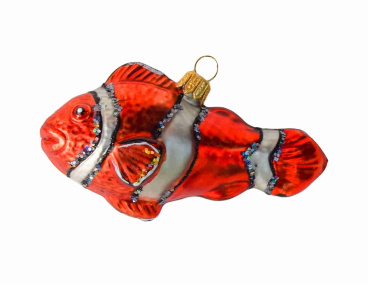 Boule de Noël poisson-clown en verre soufflé orange, blanc et noir décoré à la main. Hauteur 6cm.