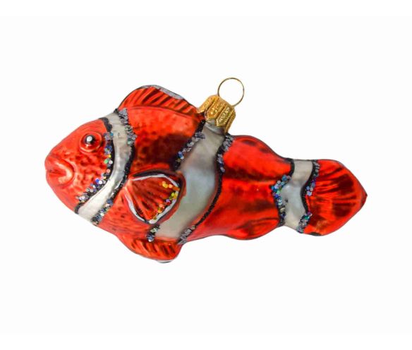 Boule de Noël poisson-clown en verre soufflé orange, blanc et noir décoré à la main. Hauteur 6cm.