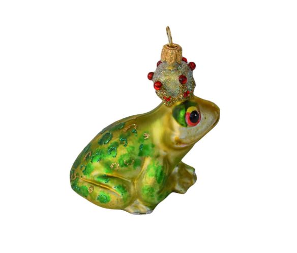 Déco de Noël grenouille verte pomme avec couronne en verre soufflé et peinte à la main