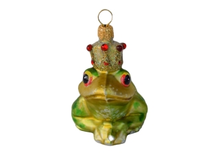 Déco de Noël grenouille verte pomme avec couronne en verre soufflé et peinte à la main