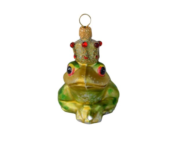 Déco de Noël grenouille verte pomme avec couronne en verre soufflé et peinte à la main
