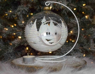 Grande boule de Noël blanche et transparente en verre soufflé pour bougie, décor village de Noël blanc. Bougeoir de Noël.