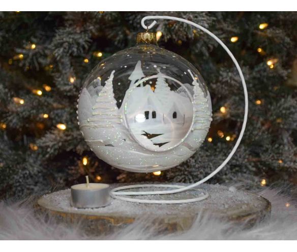 Grande boule de Noël blanche et transparente en verre soufflé pour bougie, décor village de Noël blanc. Bougeoir de Noël.