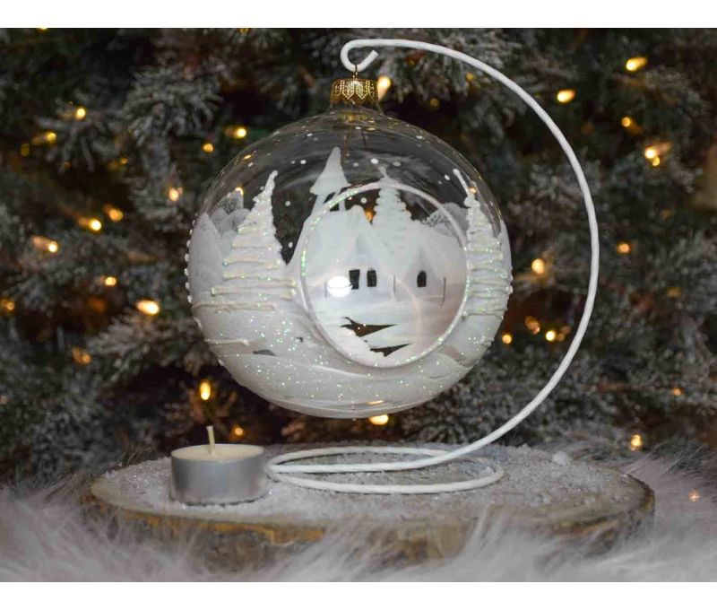Grande boule de Noël blanche et transparente en verre soufflé pour bougie, décor village de Noël blanc. Bougeoir de Noël.