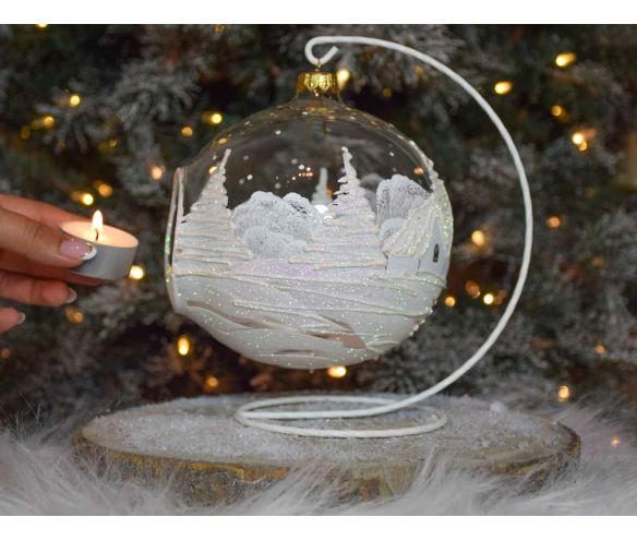 Grande boule de Noël blanche et transparente en verre soufflé pour bougie, décor village de Noël blanc. Bougeoir de Noël.