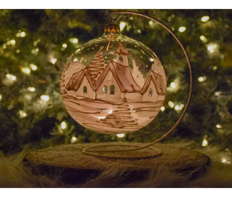 Grande boule de Noël blanche et transparente en verre soufflé pour bougie, décor village de Noël blanc. Bougeoir de Noël.