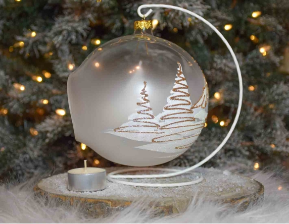 boule de Noël photophore verre soufflé village blanc et doré. Bougeoir de Noël pour bougie. Support inclus