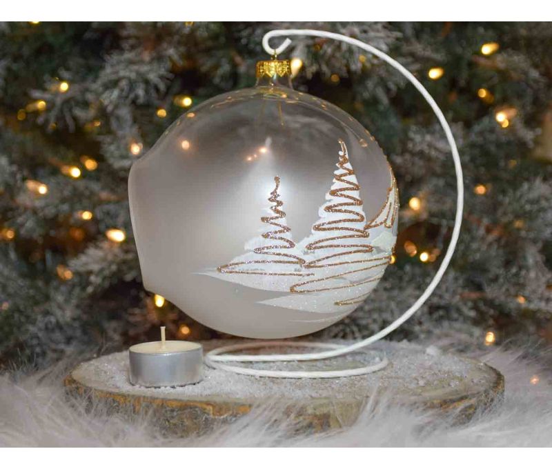boule de Noël photophore verre soufflé village blanc et doré. Bougeoir de Noël pour bougie. Support inclus