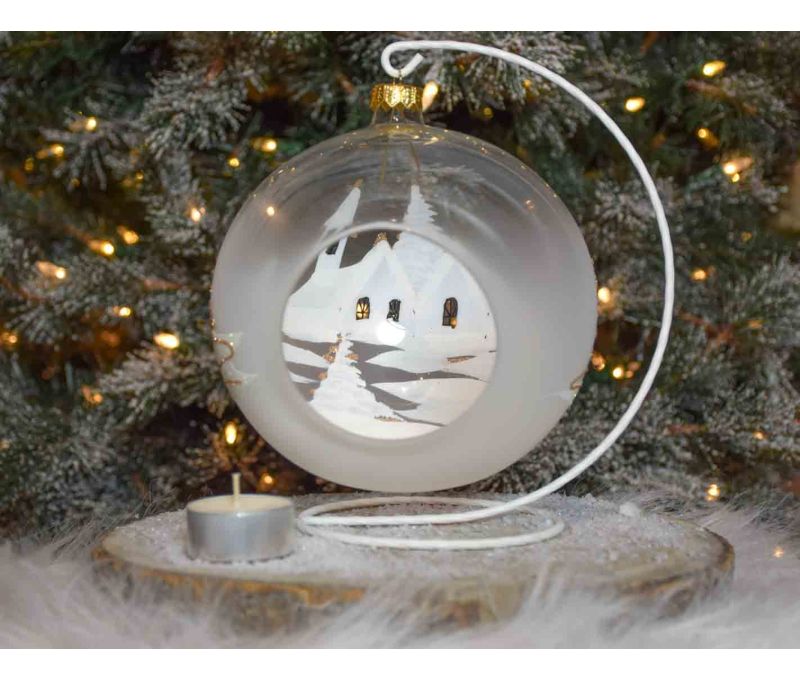 boule de Noël photophore verre soufflé village blanc et doré. Bougeoir de Noël pour bougie. Support inclus