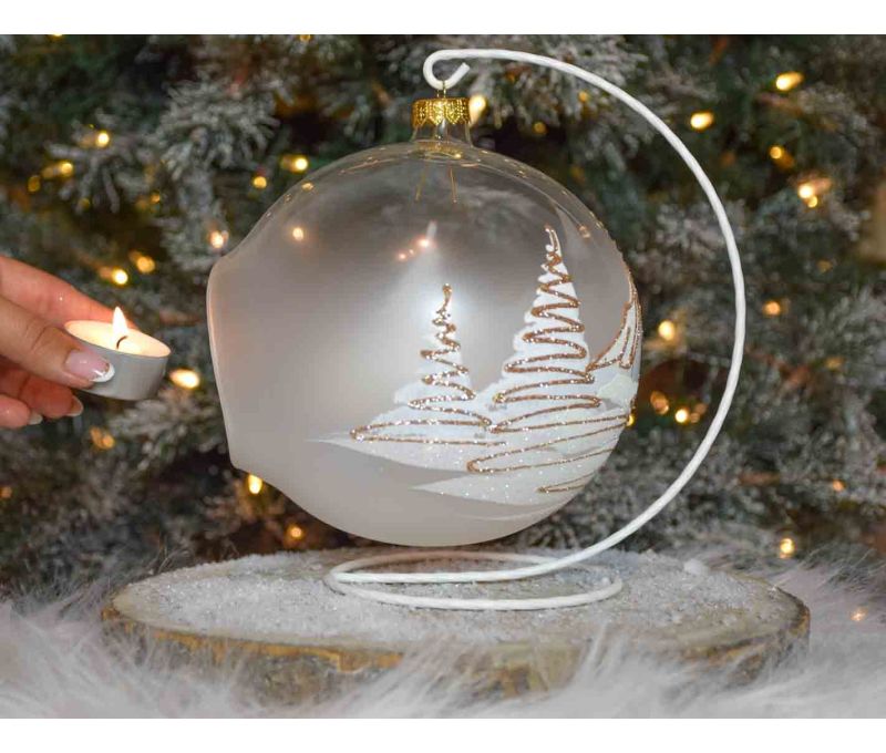boule de Noël photophore verre soufflé village blanc et doré. Bougeoir de Noël pour bougie. Support inclus