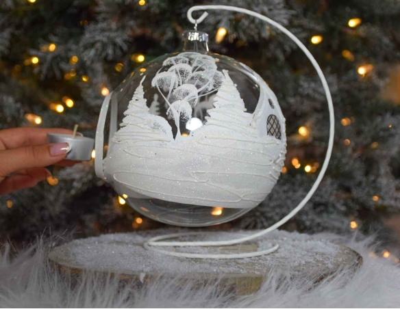 Photophore de Noël chaumière blanche D 15cm avec support