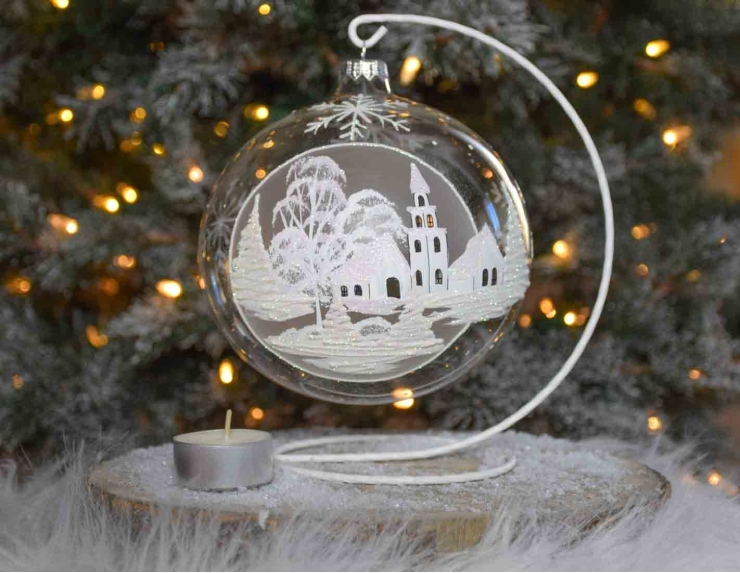 Photophore de Noël en verre transparent avec décor peint à la main, village tout blanc enneigé
