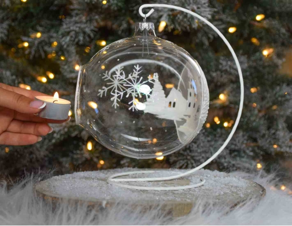 Photophore de Noël en verre transparent avec décor peint à la main, village tout blanc enneigé