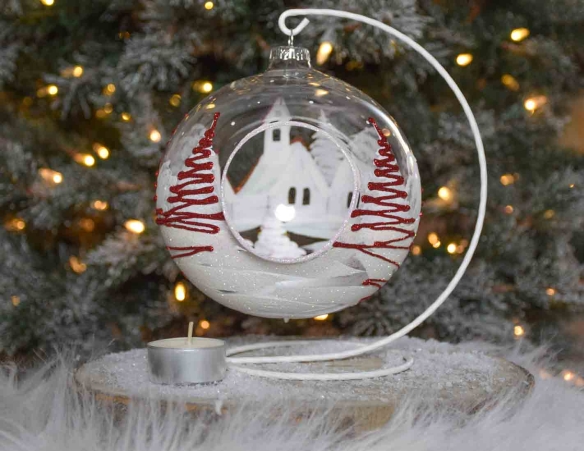 Bougeoir de Noël, grand photophore village rouge et blanc verre D 15cm avec support