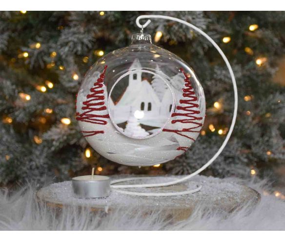 Bougeoir de Noël, grand photophore village rouge et blanc verre D 15cm avec support