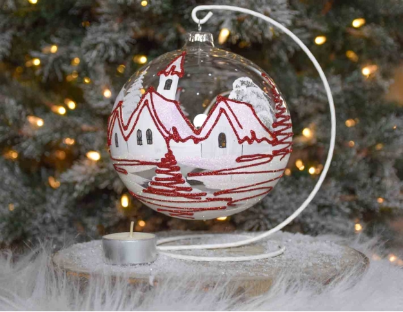 Bougeoir de Noël, grand photophore village rouge et blanc verre D 15cm avec support