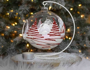 Bougeoir de Noël, grand photophore village rouge et blanc verre D 15cm avec support Bougeoir de Noël, grand photophore village rouge et blanc verre D 15cm avec support