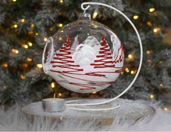 Bougeoir de Noël, grand photophore village rouge et blanc verre D 15cm avec support