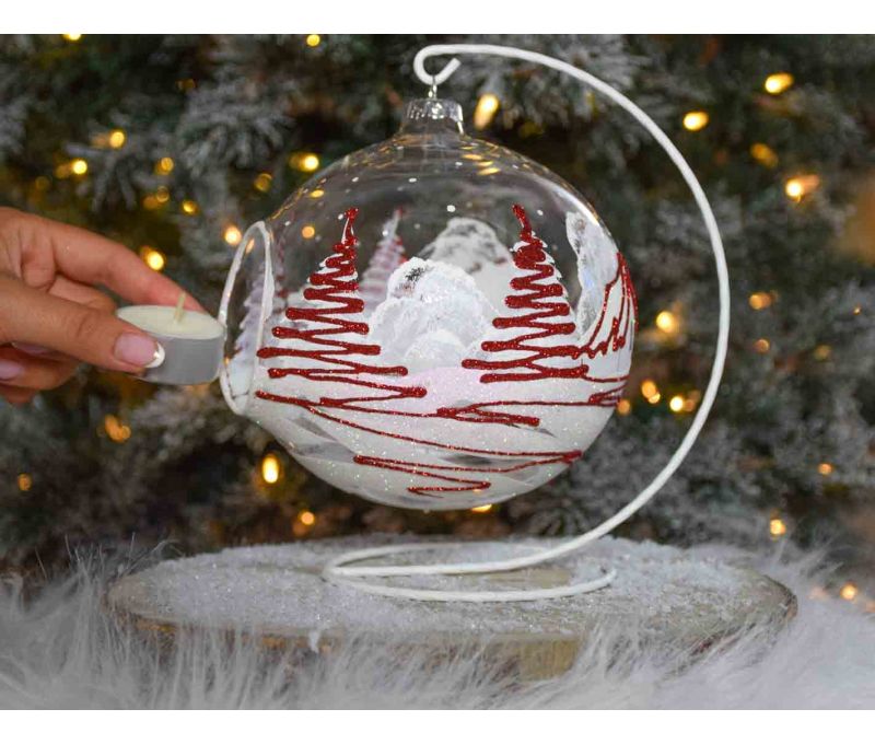 Bougeoir de Noël, grand photophore village rouge et blanc verre D 15cm avec support
