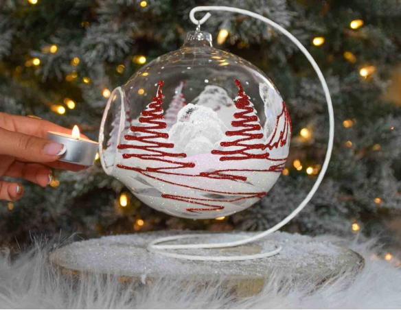 Bougeoir de Noël, grand photophore village rouge et blanc verre D 15cm avec support