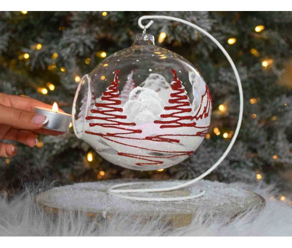 Bougeoir de Noël, grand photophore village rouge et blanc verre D 15cm avec support