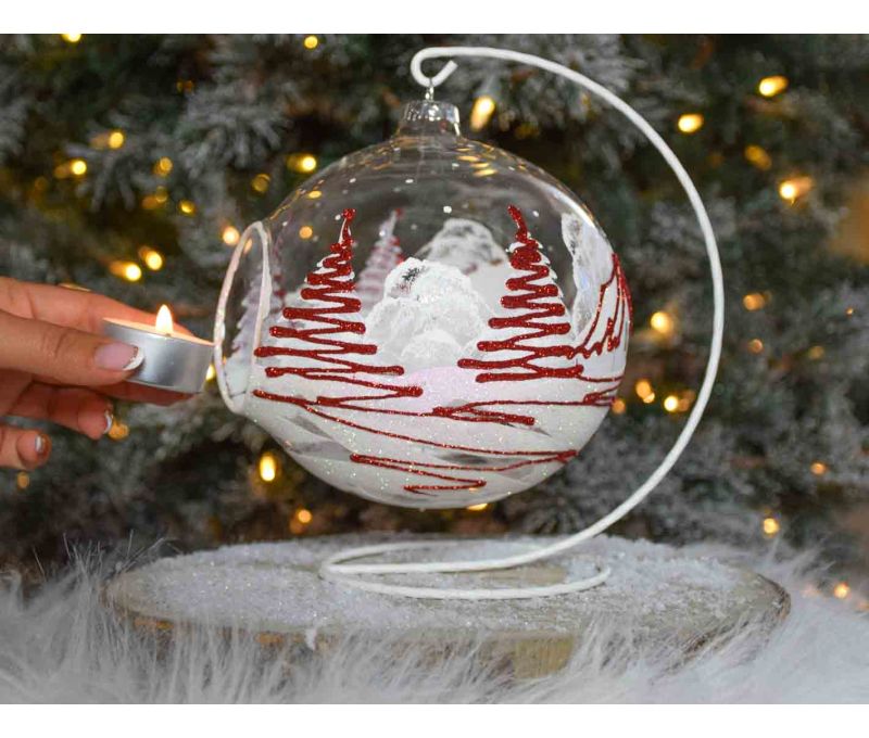 Bougeoir de Noël, grand photophore village rouge et blanc verre D 15cm avec support