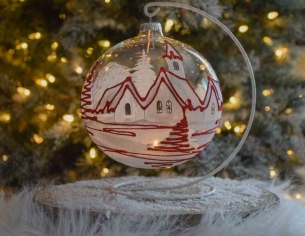 Bougeoir de Noël, grand photophore village rouge et blanc verre D 15cm avec support Bougeoir de Noël, grand photophore village rouge et blanc verre D 15cm avec support