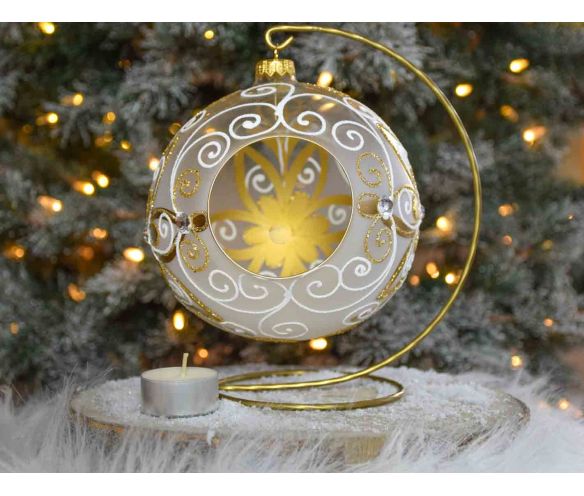 Photophore de Noël baroque doré blanc verre D 15cm support inclus