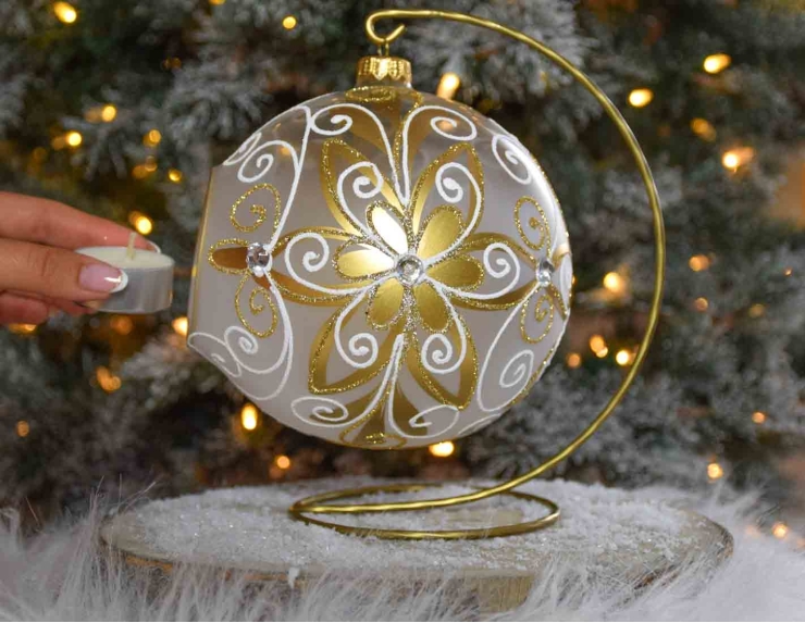 Photophore de Noël baroque doré blanc verre D 15cm support inclus