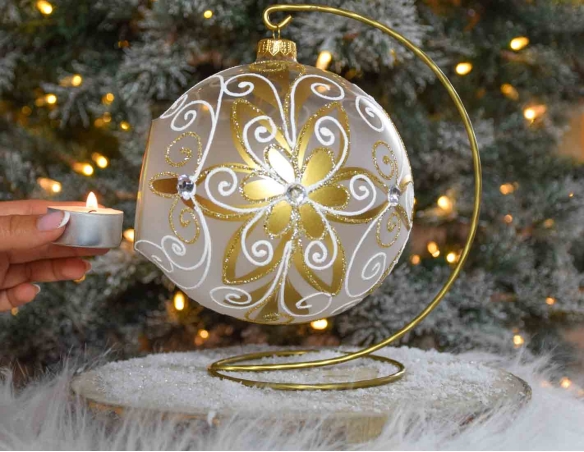 Photophore de Noël baroque doré blanc verre D 15cm support inclus