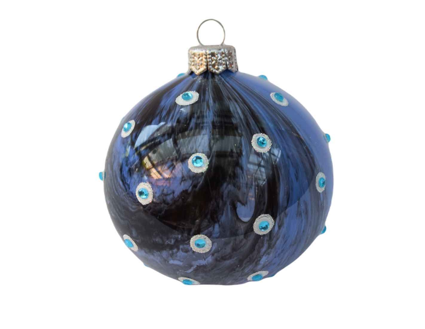 Boule de Noël bleue strass verre soufflé D 80mm