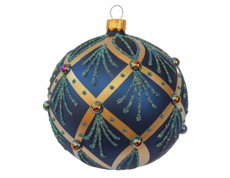 Boule de Noël bleu foncé décors luxe dorés D 10cm