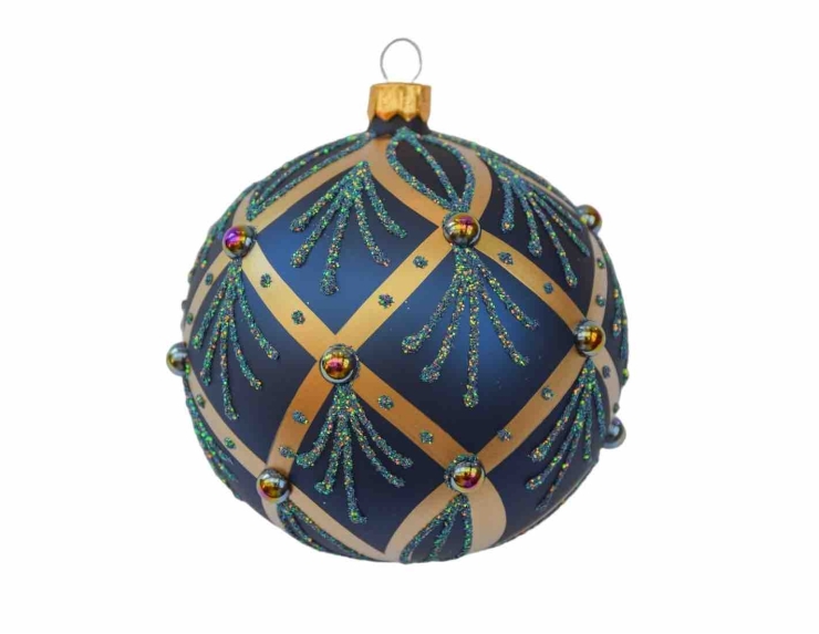 Boule de Noël bleu nuit de luxe, réalisée de façon artisanale avec des décors dorés, brillants.Diamètre 8cm