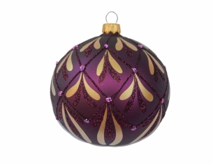 Boule de Noël mauve en verre, décor haut de gamme peint à la main goutte dorée et paillettes mauves. Diamètre 8cm