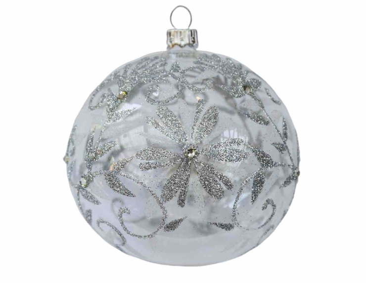 Boule de Noël transparente en verre soufflé aux décors argentés peints à la main. Diamètre 10cm.