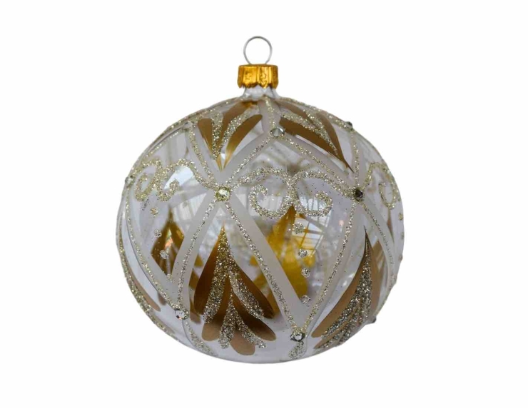 Boule de Noël transparente au décor raffiné doré et pailleté champagne. Diamètre 8cm