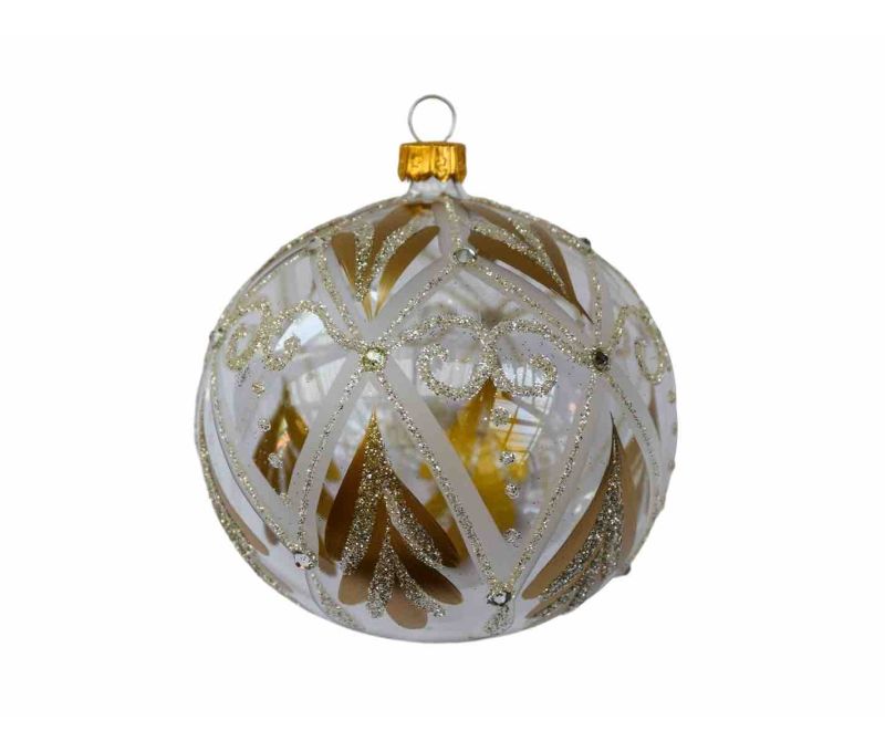 Boule de Noël transparente au décor raffiné doré et pailleté champagne. Diamètre 8cm