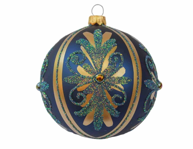 Boule de Noël bleu foncé décors chic dorés verre soufflé D 10cm