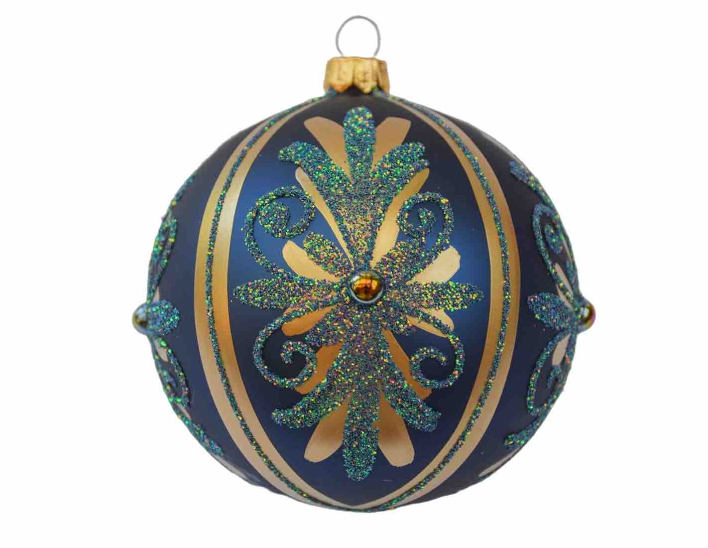 Boule de Noël bleu foncé décors chic dorés verre soufflé D 10cm