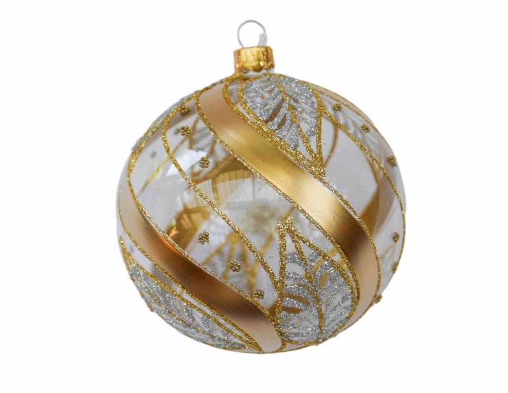 Boule de Noël transparente et dorée haut de gamme avec décors lignes dorées et feuilles argentées. Diamètre 8cm